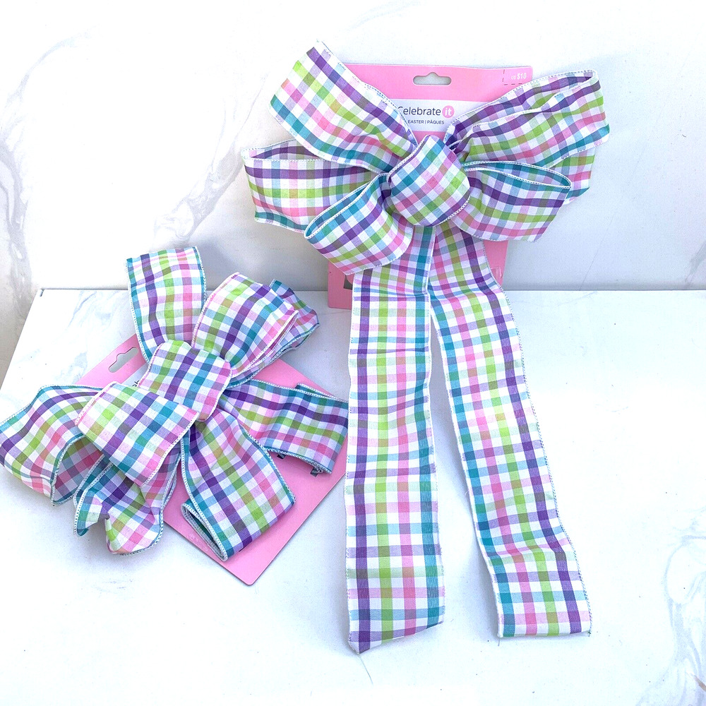 Easter Bow Ribbon Plaid Pastel Creatology Lot of 2 Pcs Wired Ribbon